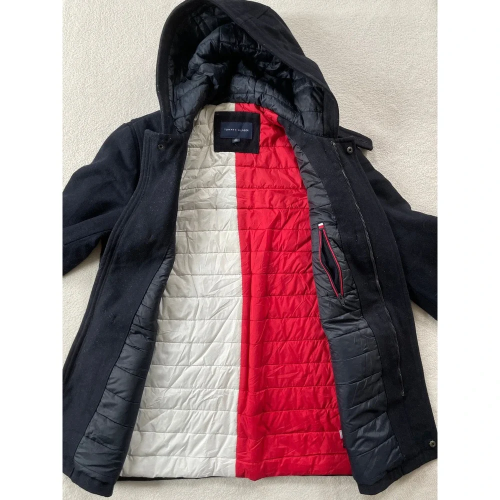 Tommy Hilfiger Duffle‎ Coat Mens Small Navy Blue Wool Blend Toggle Hooded Jacket